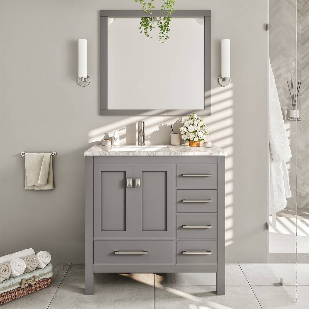 Eviva London 38" x 18" White Transitional Bathroom Vanity w/ White Carrara Top
