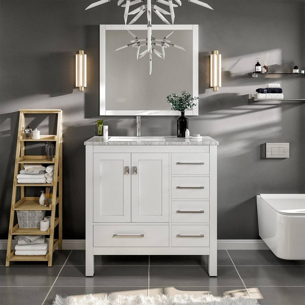 Eviva London 38" x 18" White Transitional Bathroom Vanity w/ White Carrara Top