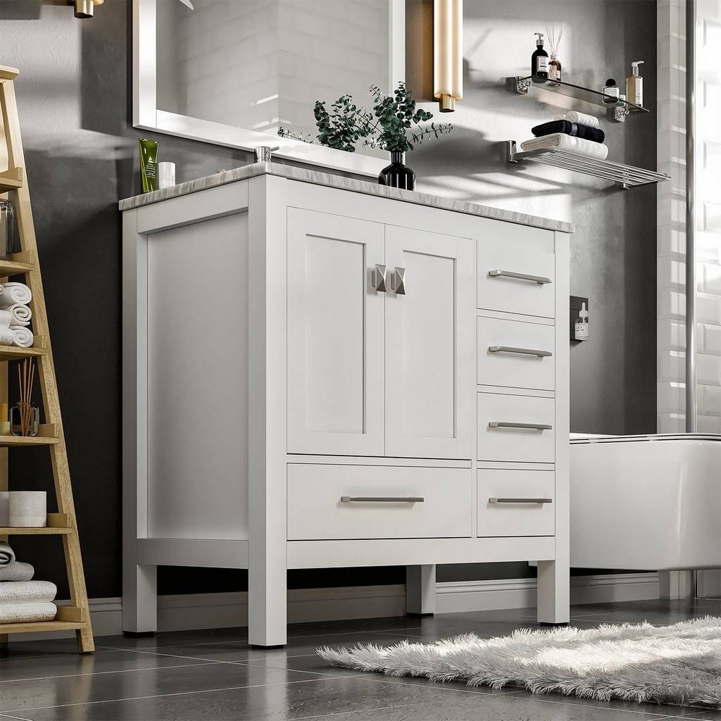 Eviva London 38" x 18" White Transitional Bathroom Vanity w/ White Carrara Top
