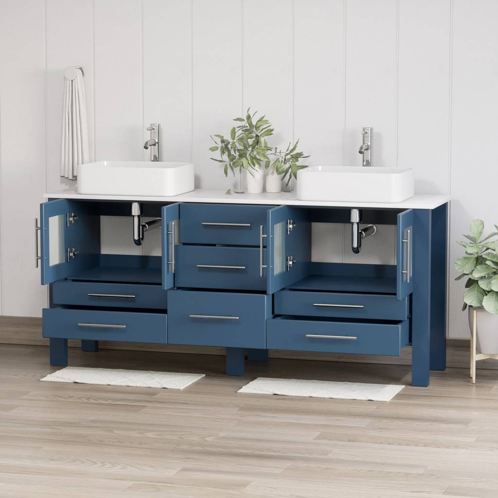 72 Inch Modern Wood and Porcelain Vanity with Polished Chrome Plumbing