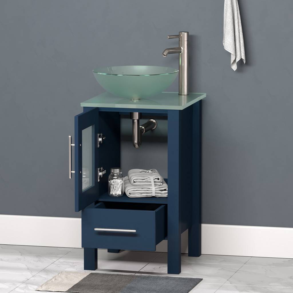 18 Inch Modern Wood and Glass Vanity with Brushed Nickel Plumbing