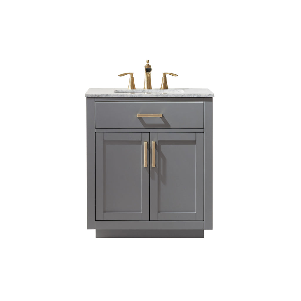 Ivy Single Bathroom Vanity Set in Gray and Carrara White Marble Countertop with Mirror