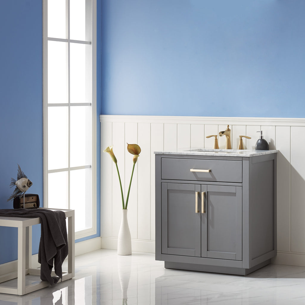 Ivy Single Bathroom Vanity Set in Gray and Carrara White Marble Countertop with Mirror