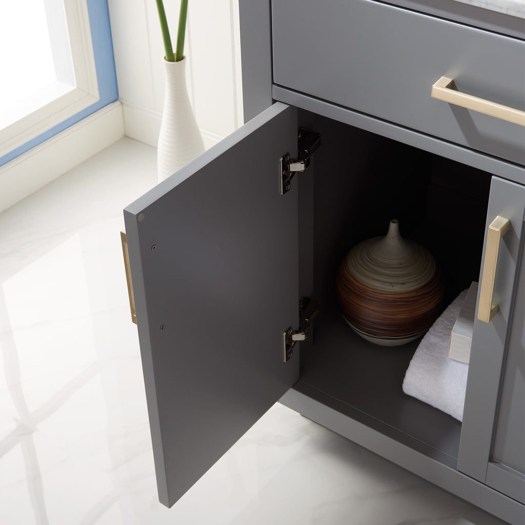 Ivy Single Bathroom Vanity Set in Gray and Carrara White Marble Countertop with Mirror