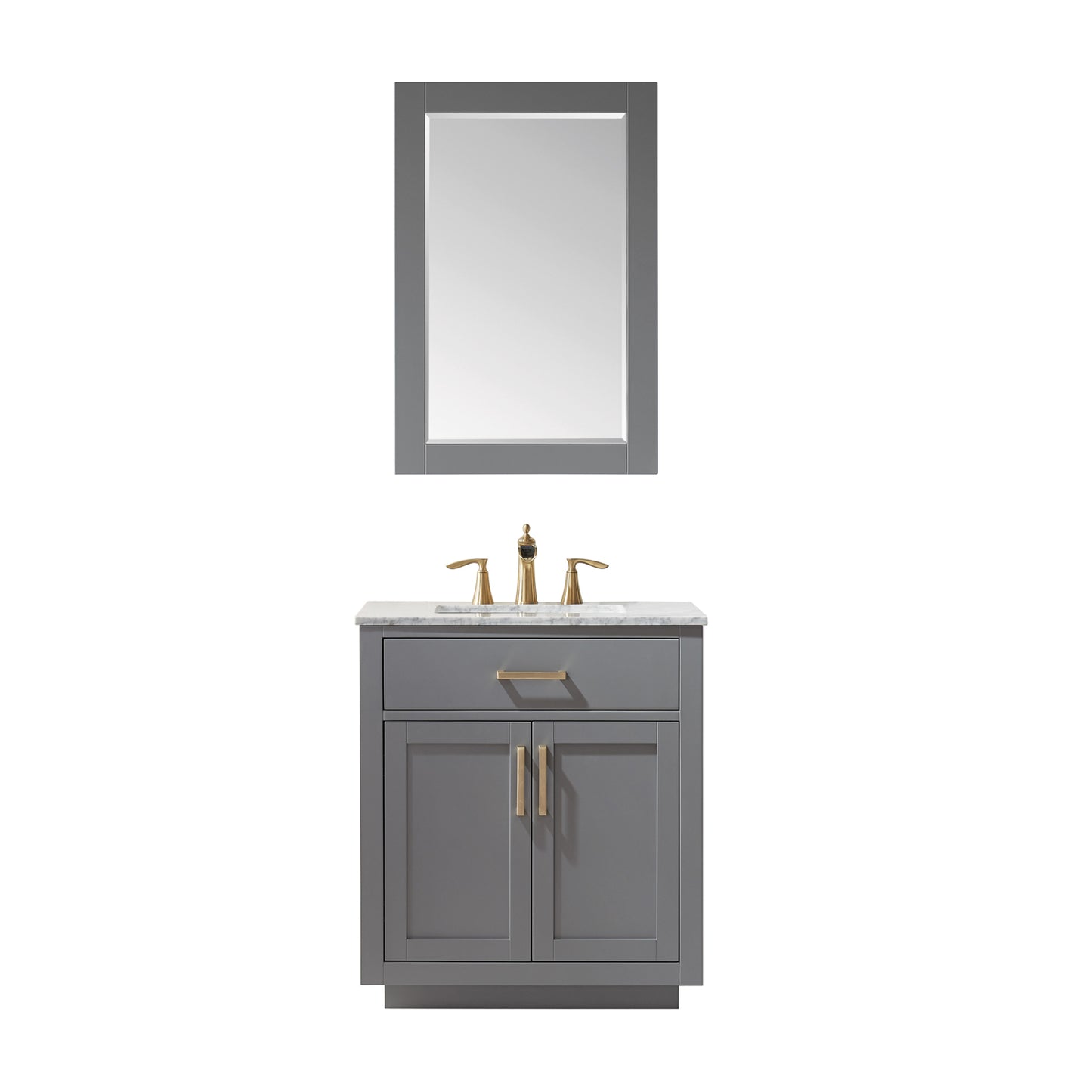 Ivy Single Bathroom Vanity Set in Gray and Carrara White Marble Countertop with Mirror