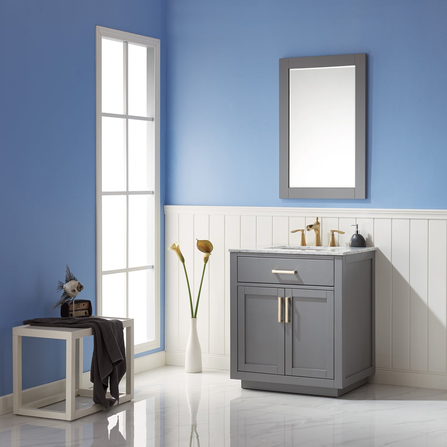 Ivy Single Bathroom Vanity Set in Gray and Carrara White Marble Countertop with Mirror