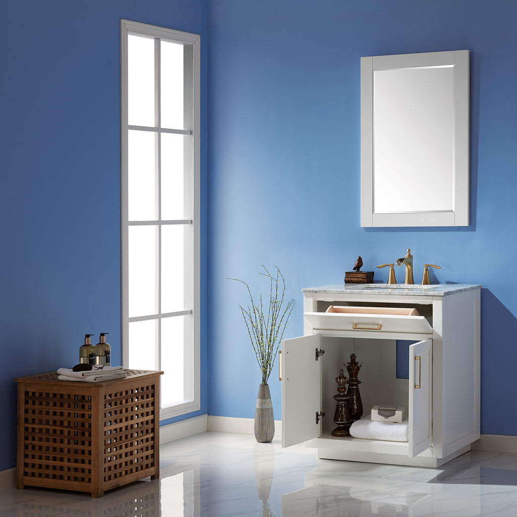 Ivy Single Bathroom Vanity Set in Gray and Carrara White Marble Countertop with Mirror