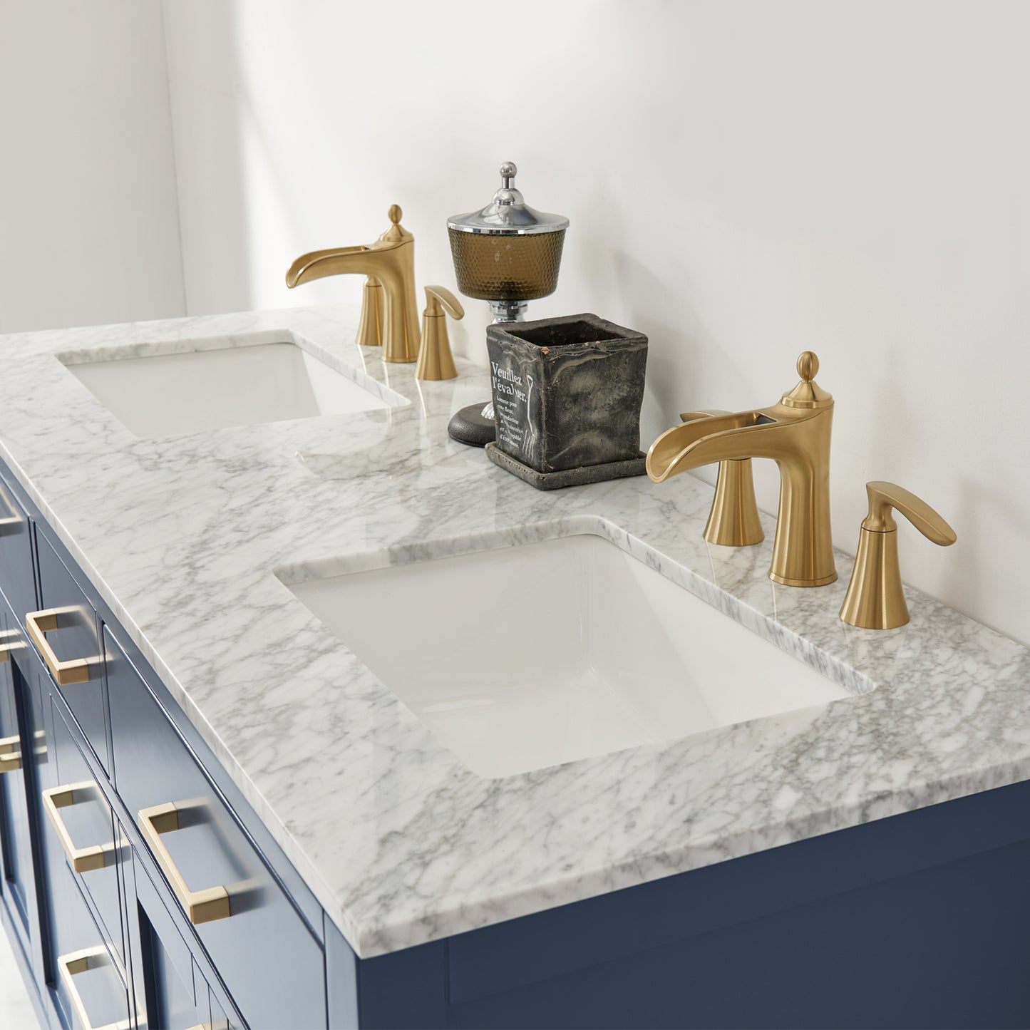 Ivy Double Bathroom Vanity Set in Gray and Carrara White Marble Countertop