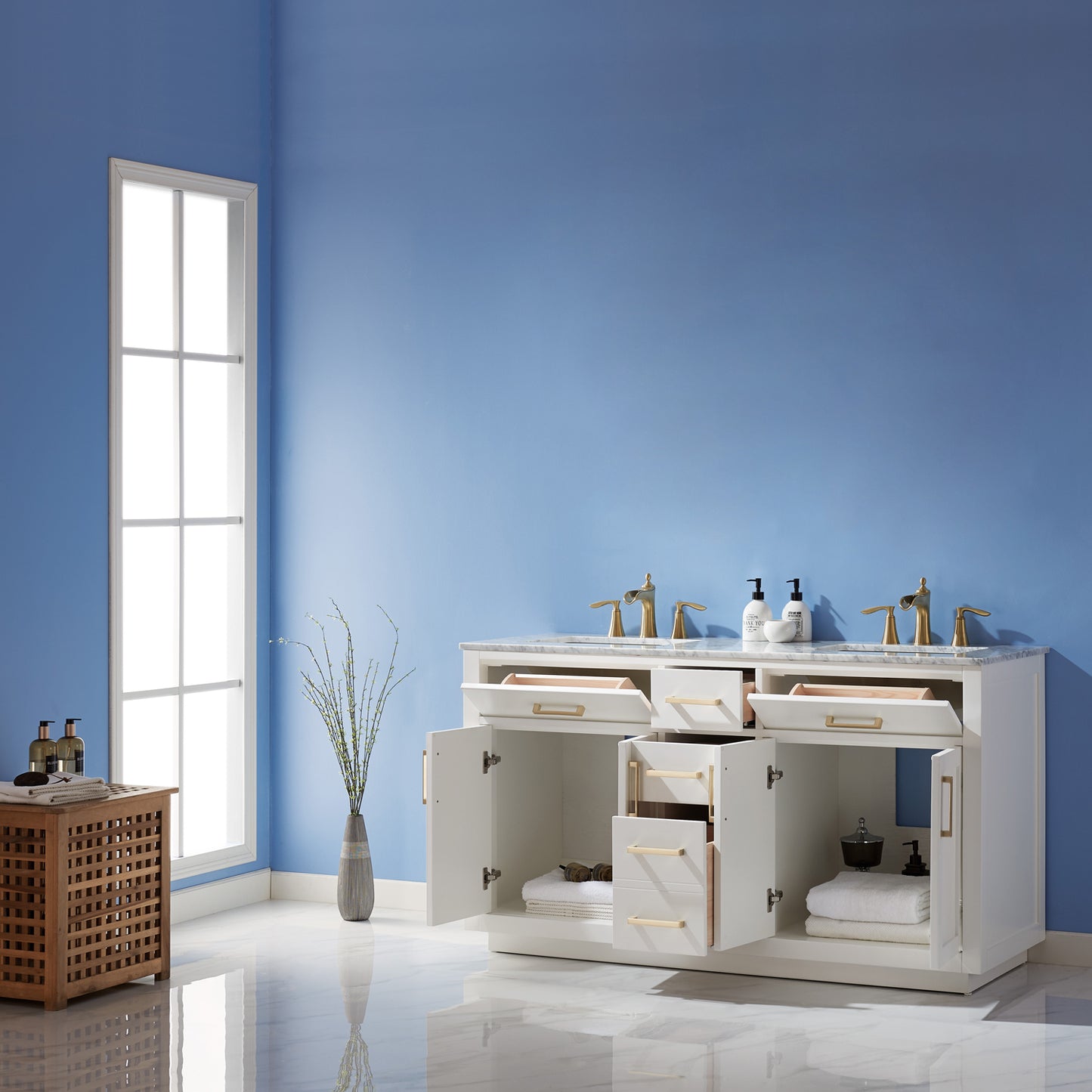 Ivy Double Bathroom Vanity Set in Gray and Carrara White Marble Countertop