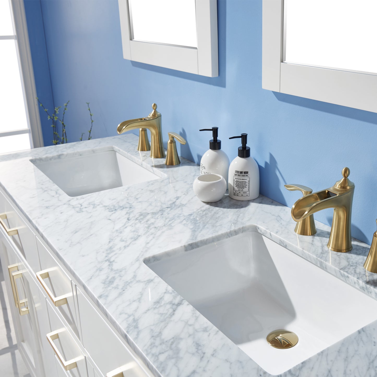 Ivy Double Bathroom Vanity Set in Gray and Carrara White Marble Countertop