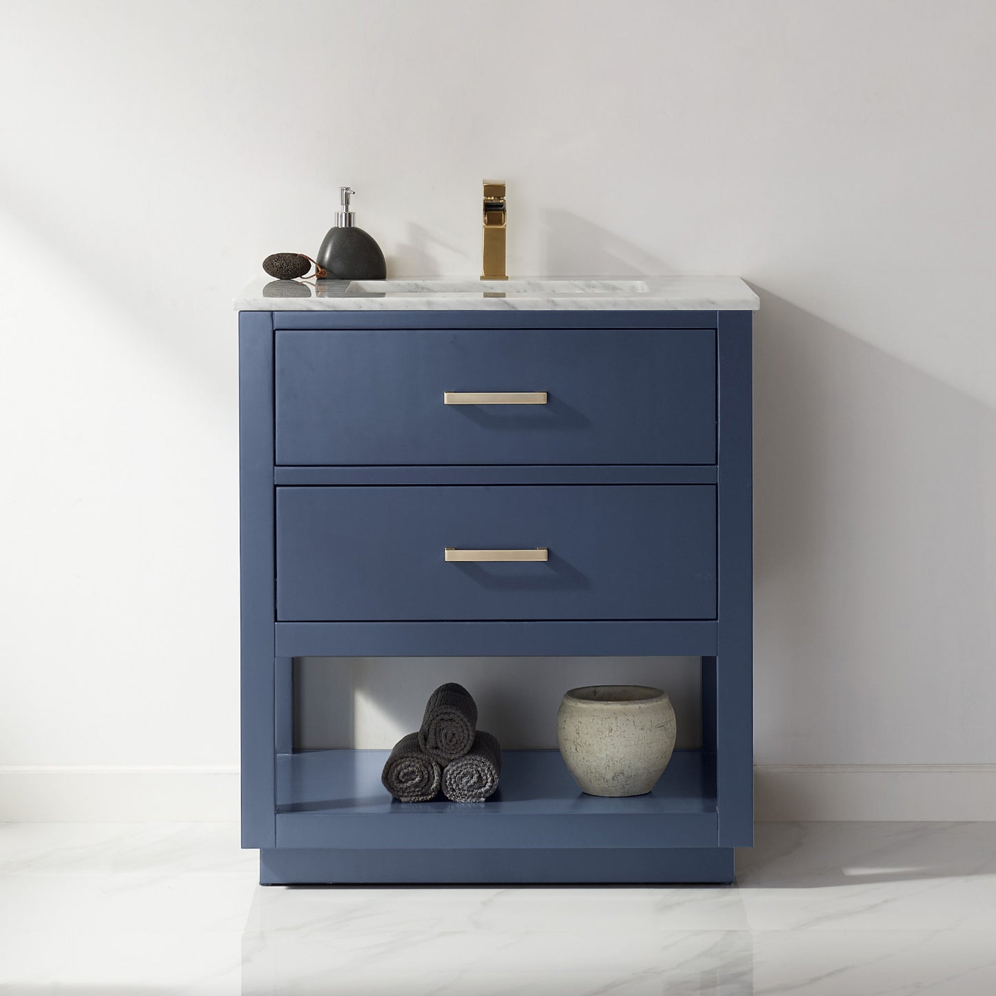 Remi Single Bathroom Vanity Set in Gray and Carrara White Marble Countertop with Mirror