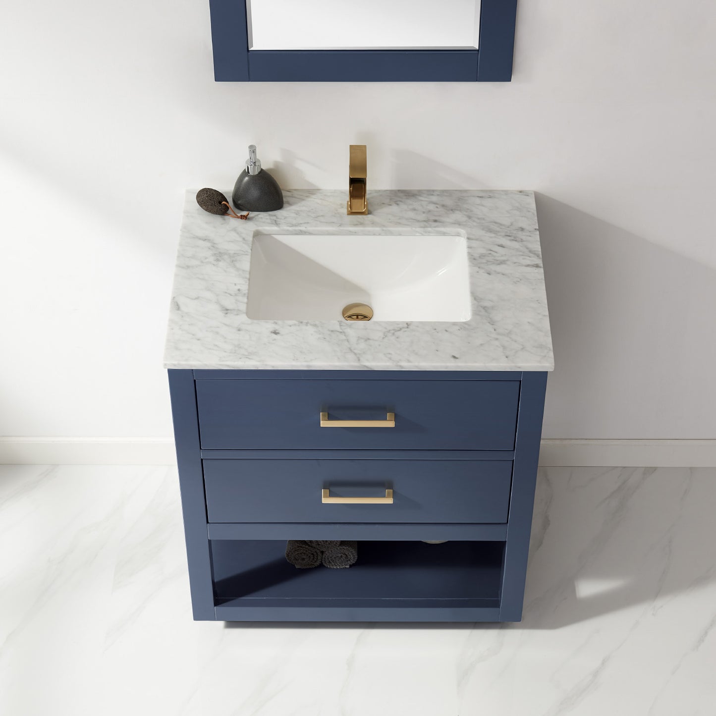 Remi Single Bathroom Vanity Set in Gray and Carrara White Marble Countertop with Mirror