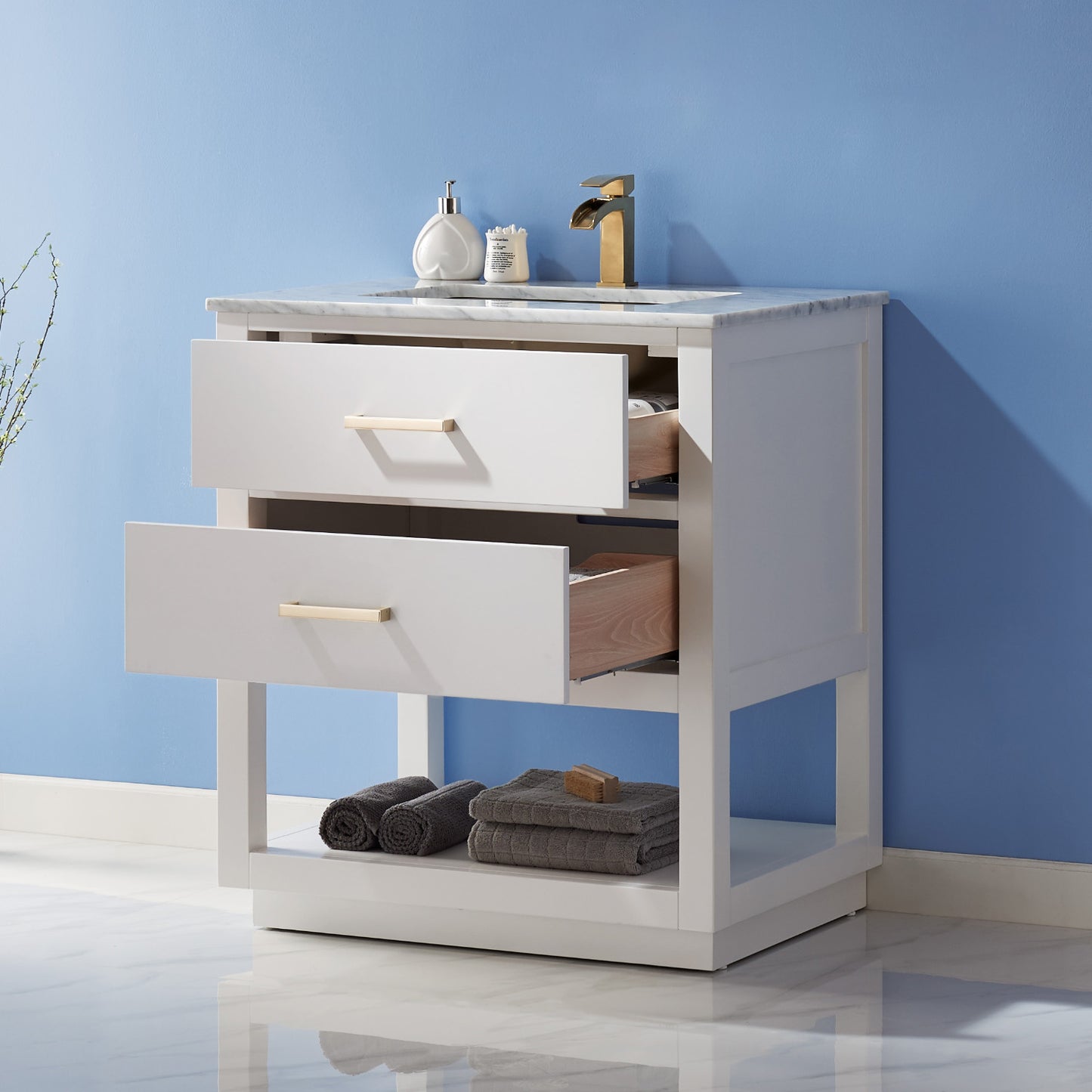 Remi Single Bathroom Vanity Set in Gray and Carrara White Marble Countertop with Mirror