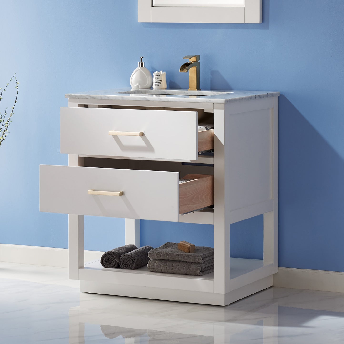 Remi Single Bathroom Vanity Set in Gray and Carrara White Marble Countertop with Mirror