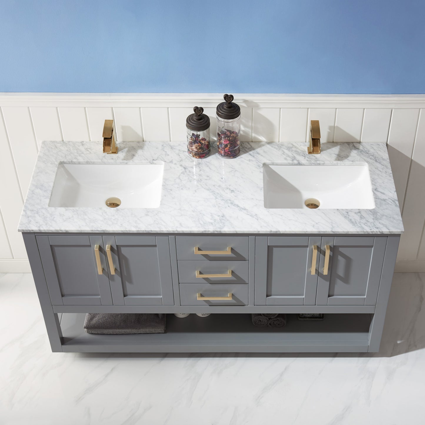 Remi Double Bathroom Vanity Set in Gray and Carrara White Marble Countertop