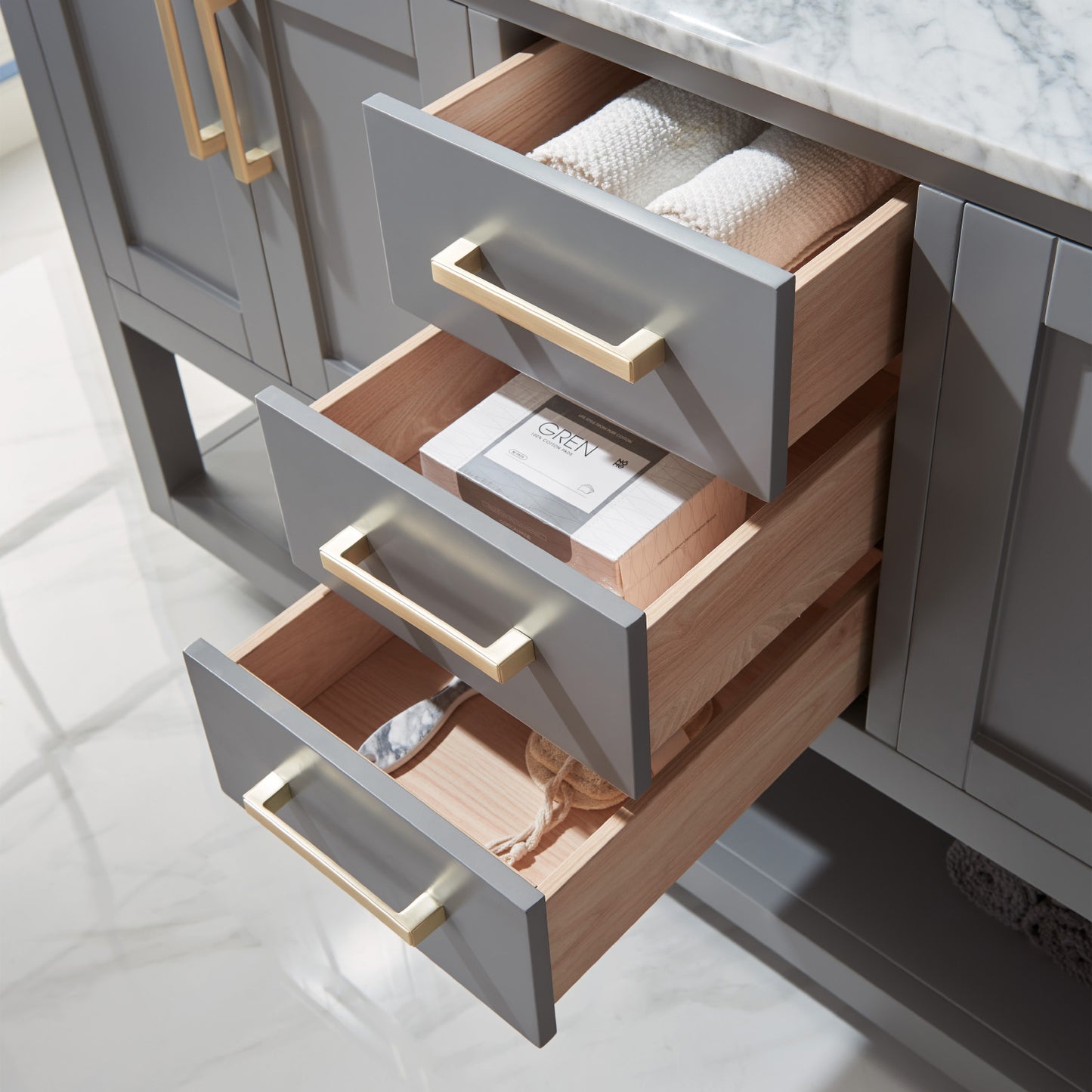 Remi Double Bathroom Vanity Set in Gray and Carrara White Marble Countertop