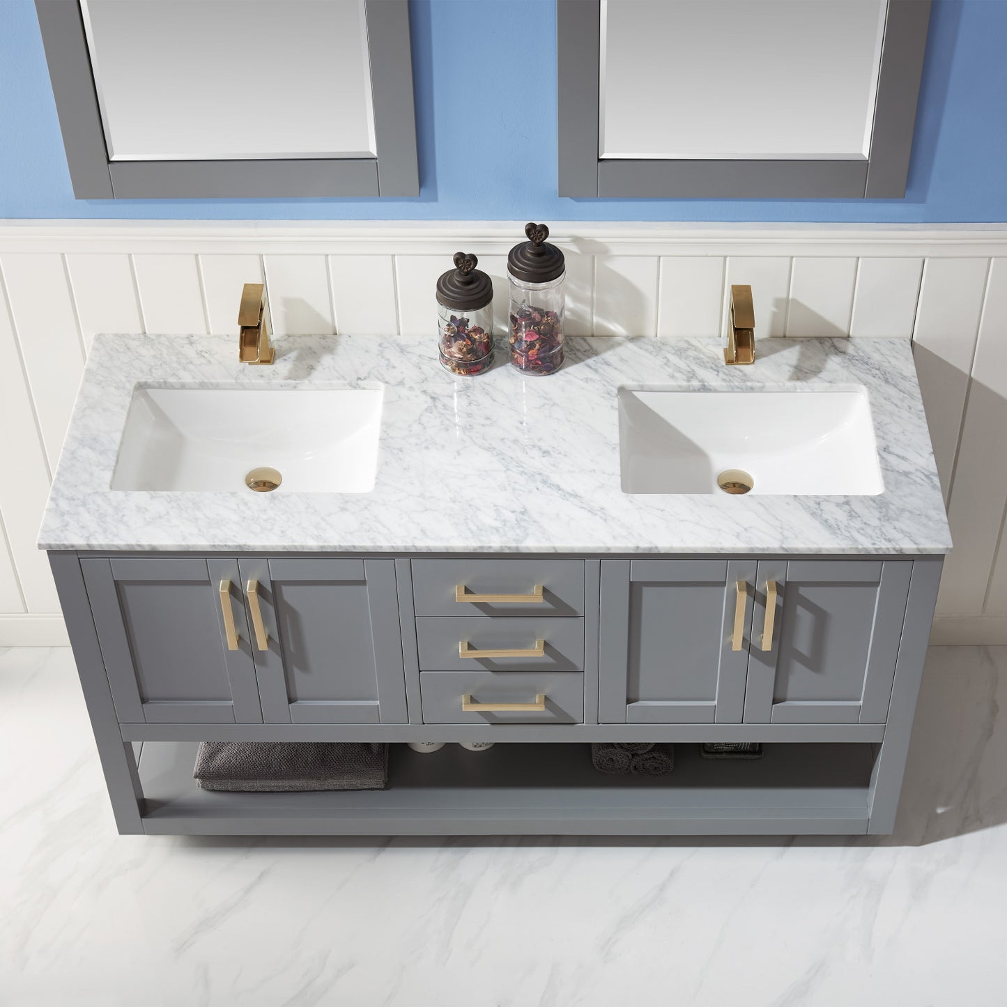 Remi Double Bathroom Vanity Set in Gray and Carrara White Marble Countertop