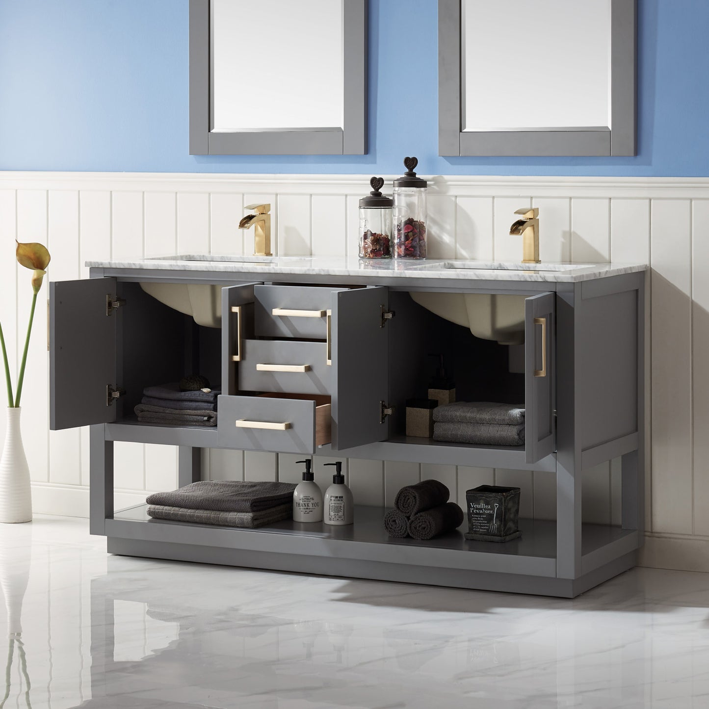 Remi Double Bathroom Vanity Set in Gray and Carrara White Marble Countertop