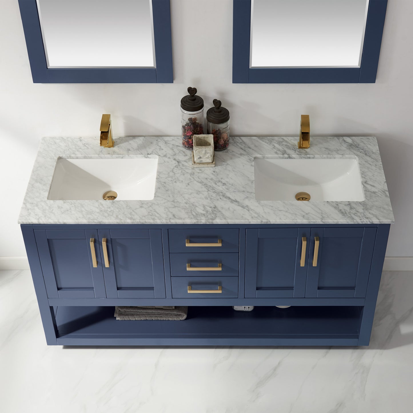 Remi Double Bathroom Vanity Set in Gray and Carrara White Marble Countertop