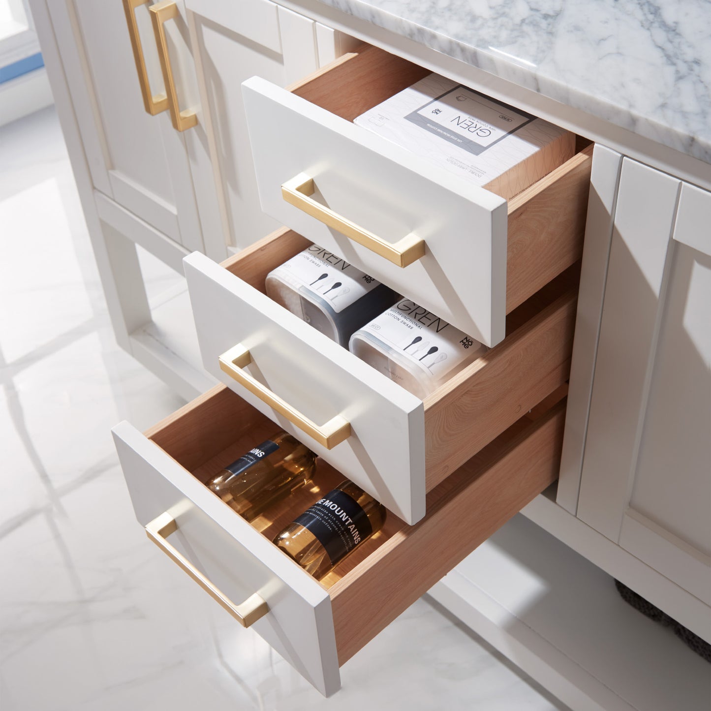 Remi Double Bathroom Vanity Set in Gray and Carrara White Marble Countertop