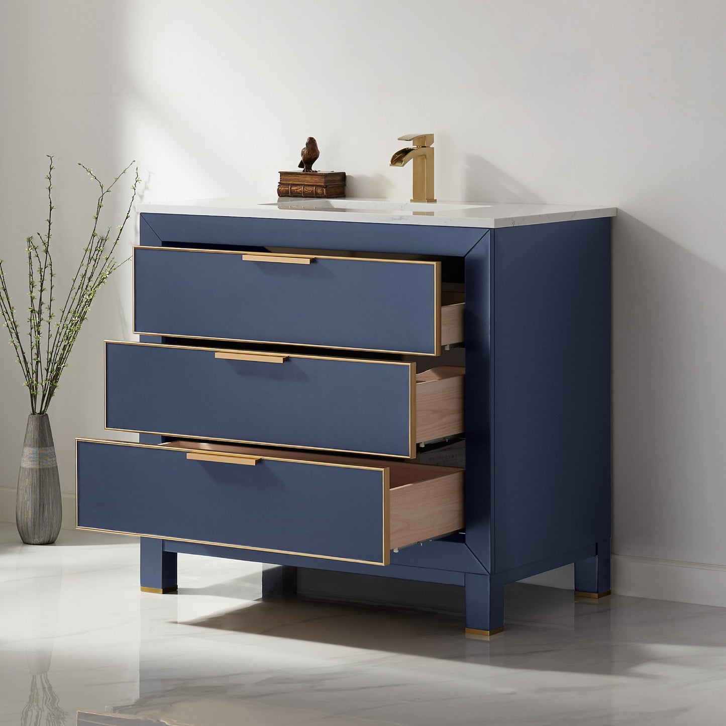 Jackson Single Bathroom Vanity Set in Royal Blue and Composite Carrara White Stone Countertop