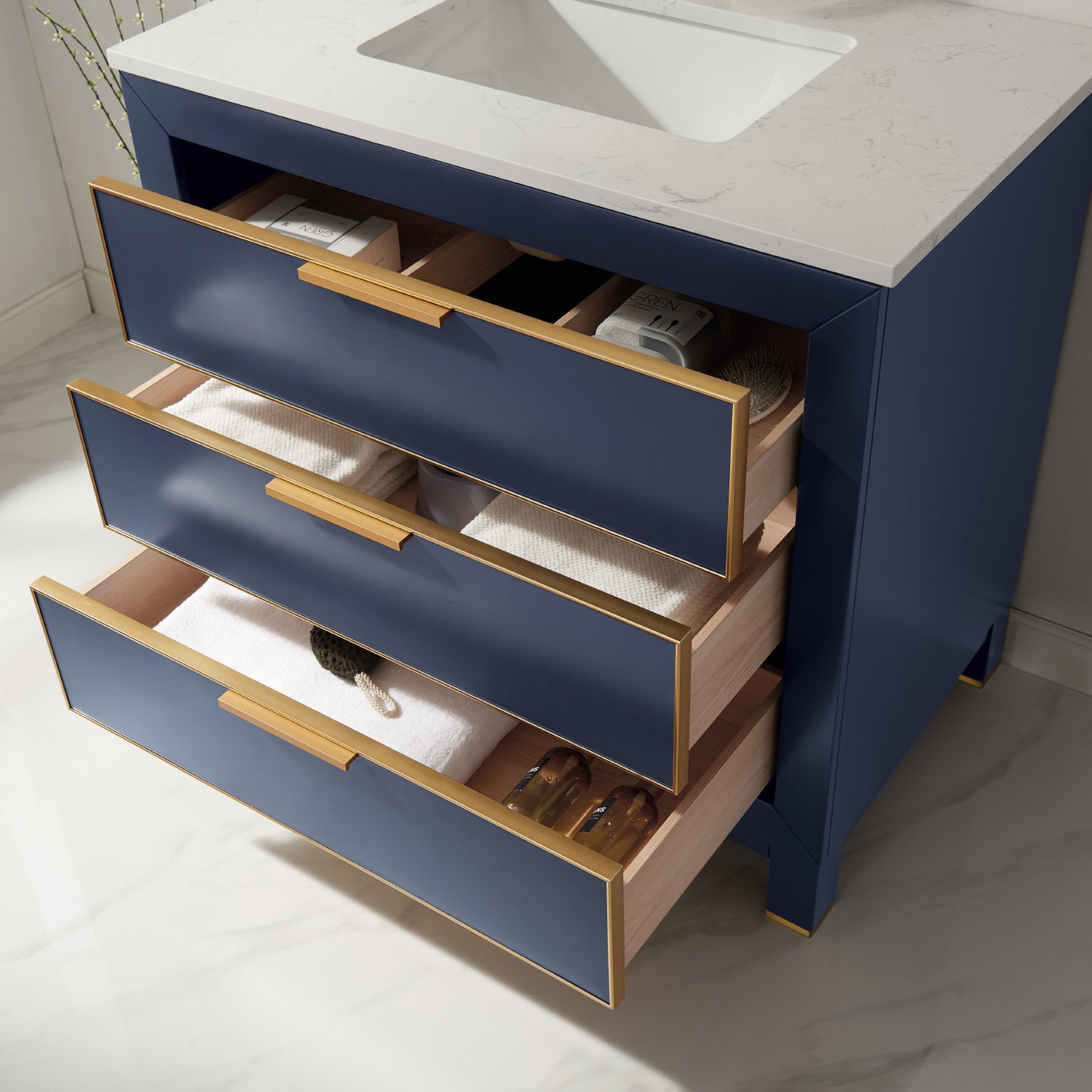 Jackson Single Bathroom Vanity Set in Royal Blue and Composite Carrara White Stone Countertop