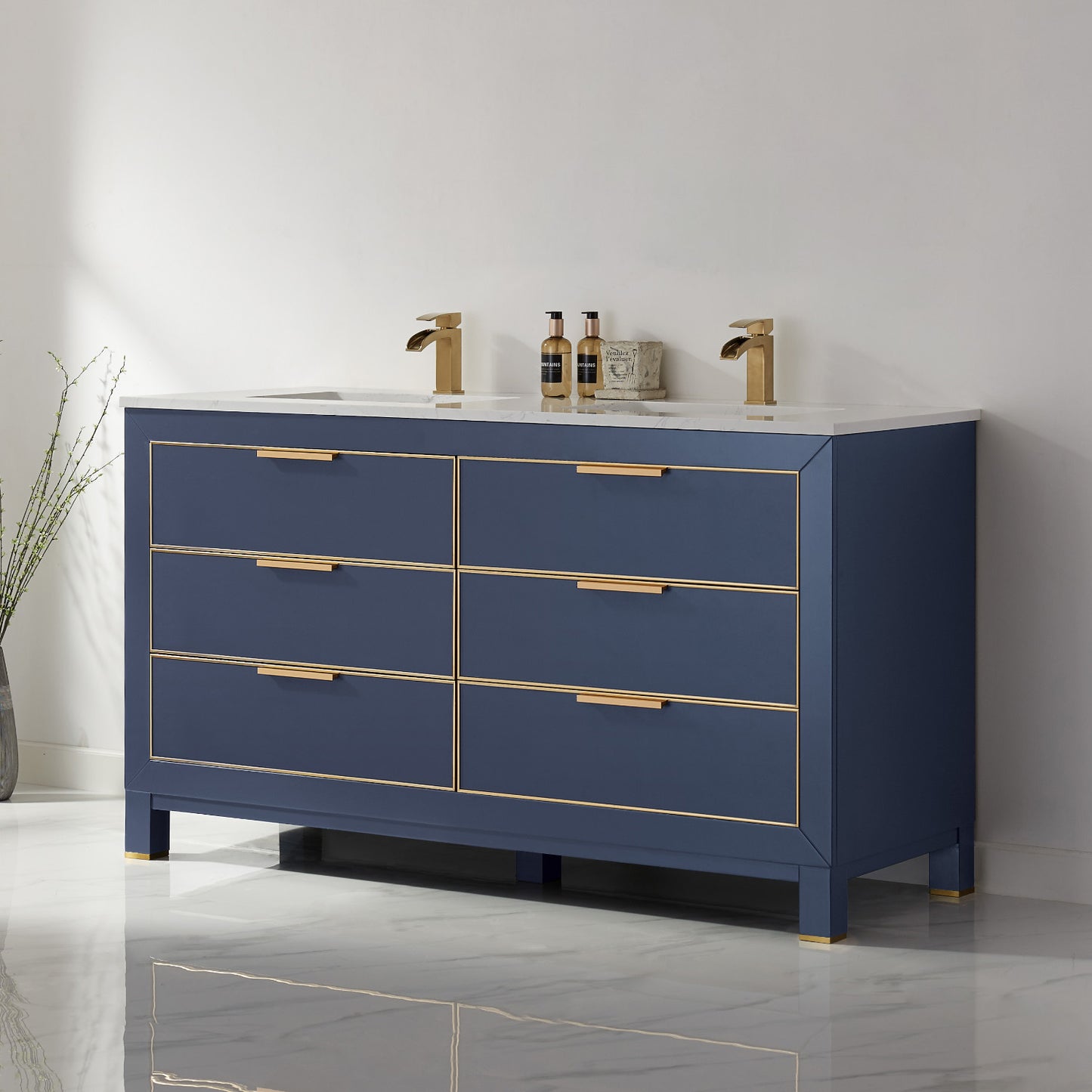 Jackson Double Bathroom Vanity Set in Royal Blue and Composite Carrara White Stone Countertop