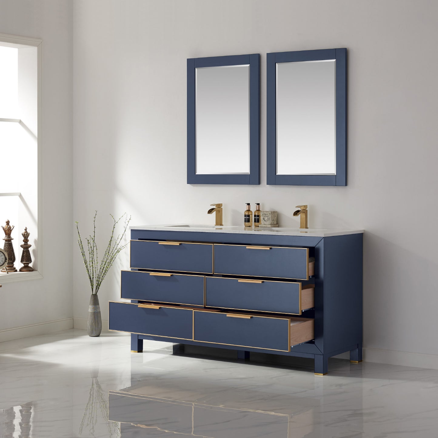 Jackson Double Bathroom Vanity Set in Royal Blue and Composite Carrara White Stone Countertop