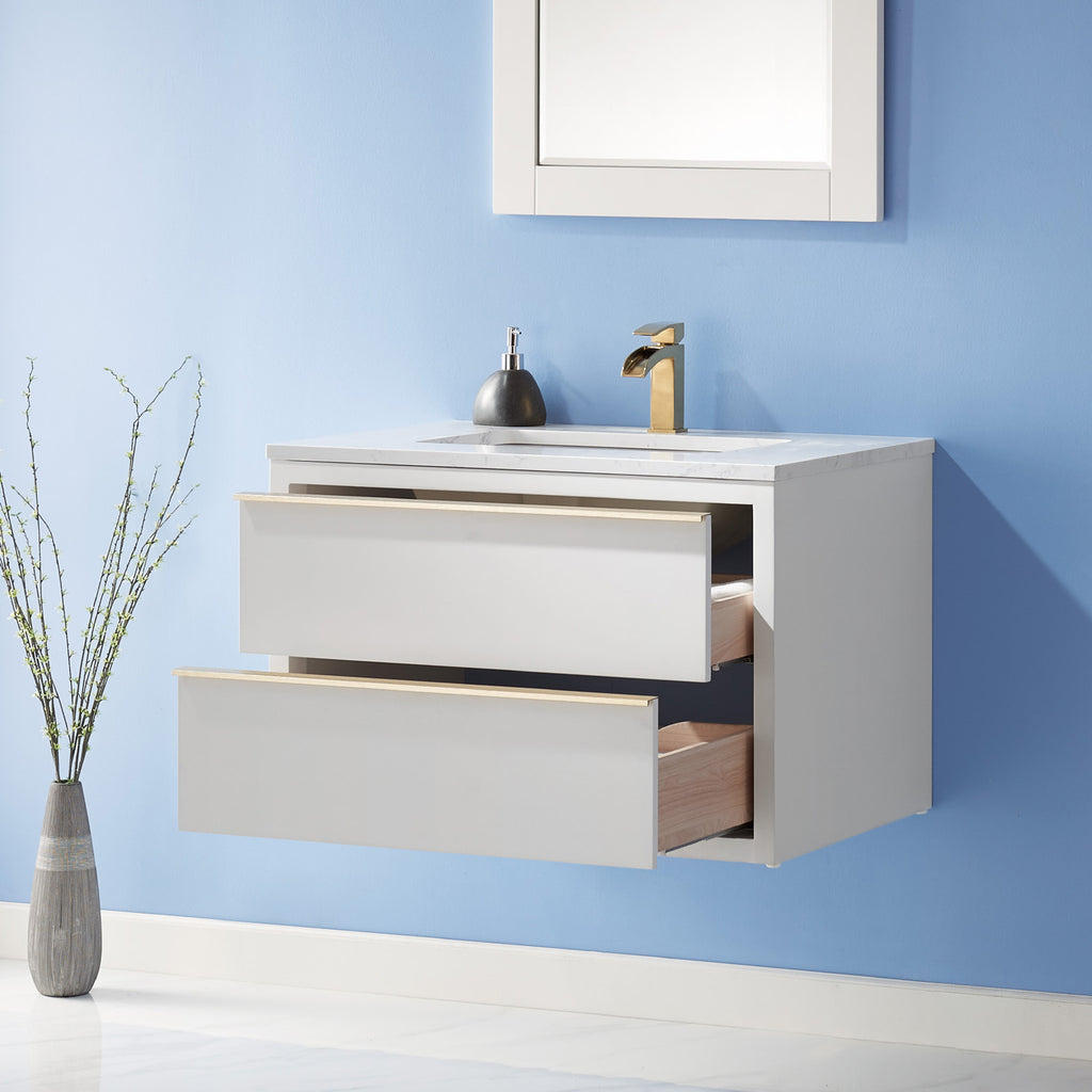 Morgan Single Bathroom Vanity Set in White and Composite Carrara White Stone Countertop