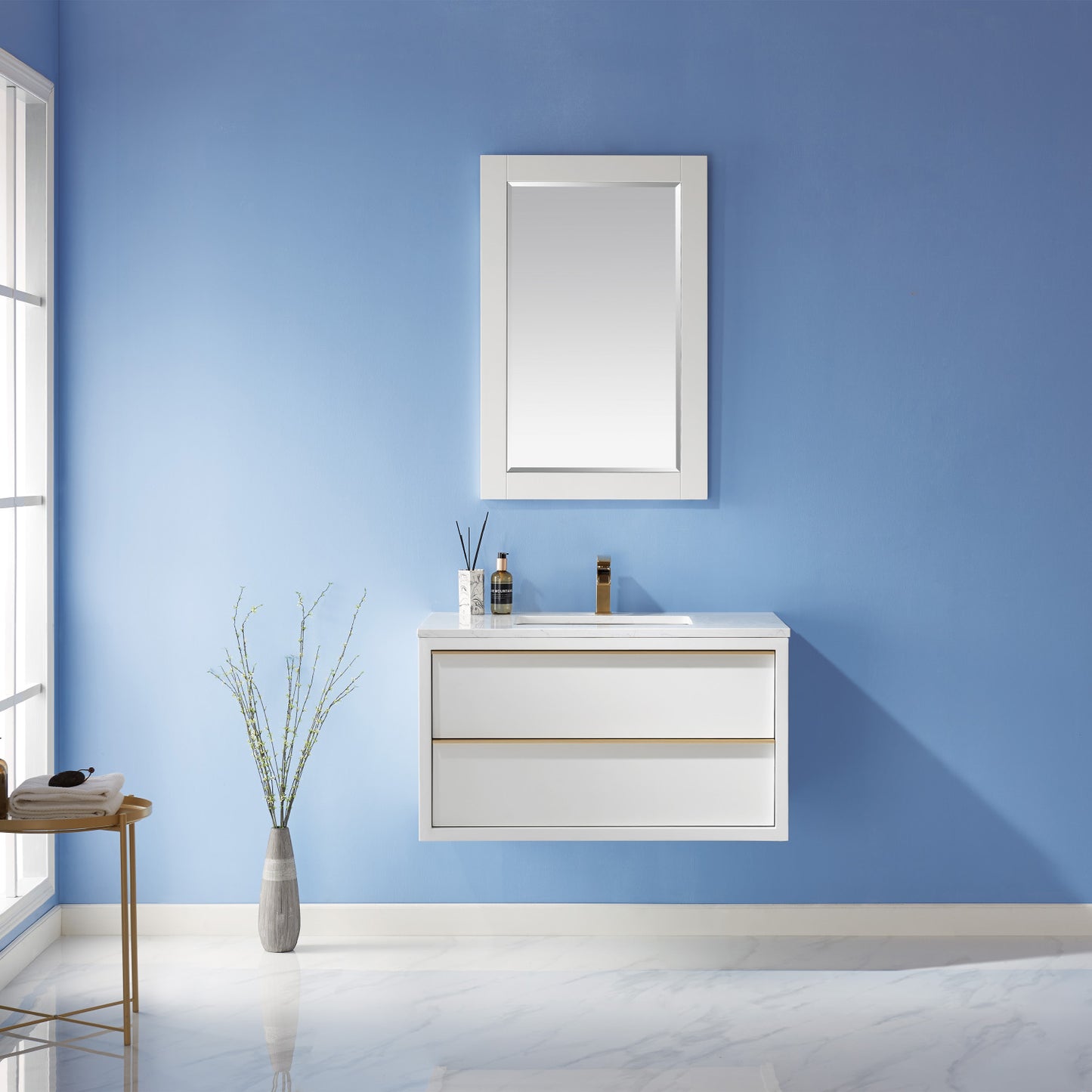 Morgan Single Bathroom Vanity Set in White and Composite Carrara White Stone Countertop