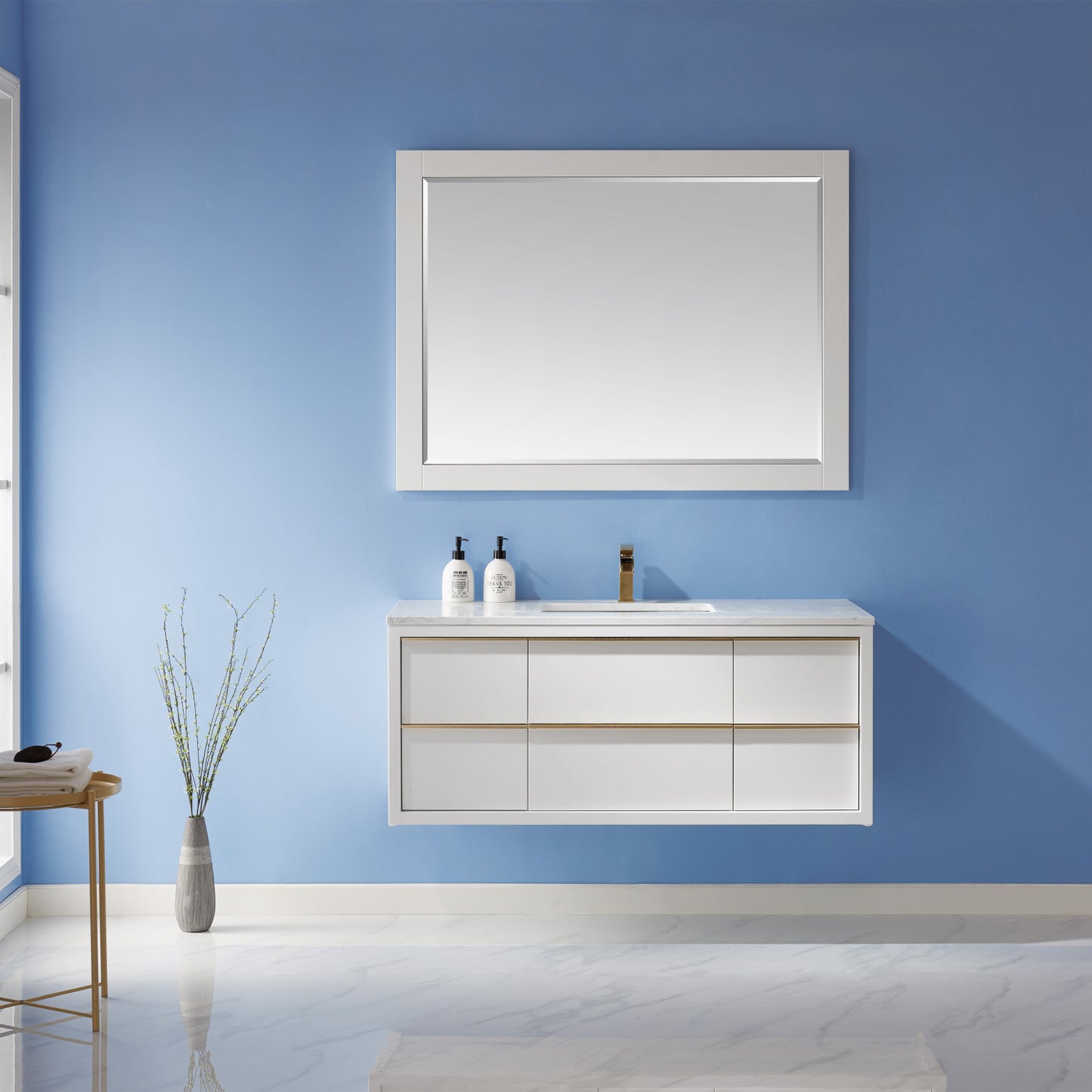 Morgan Single Bathroom Vanity Set in White and Composite Carrara White Stone Countertop