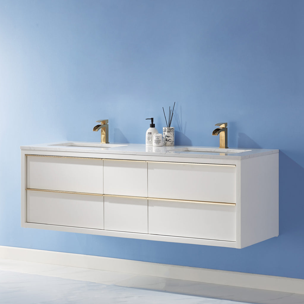 Morgan Double Bathroom Vanity Set in White and Composite Carrara White Stone Countertop