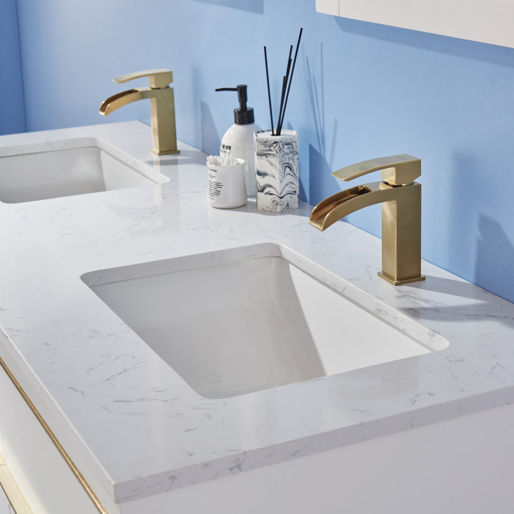 Morgan Double Bathroom Vanity Set in White and Composite Carrara White Stone Countertop