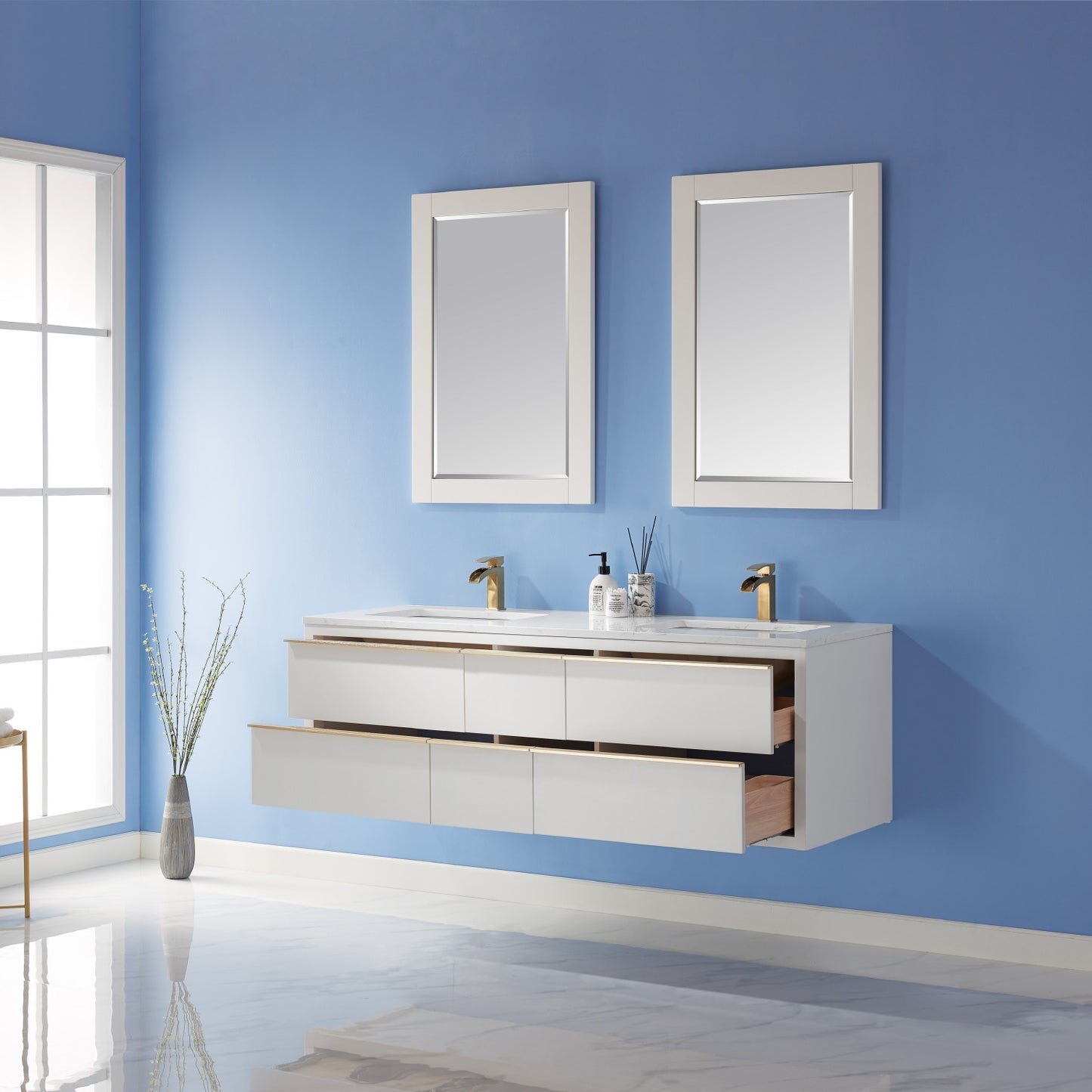 Morgan Double Bathroom Vanity Set in White and Composite Carrara White Stone Countertop