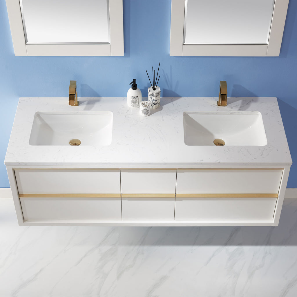 Morgan Double Bathroom Vanity Set in White and Composite Carrara White Stone Countertop