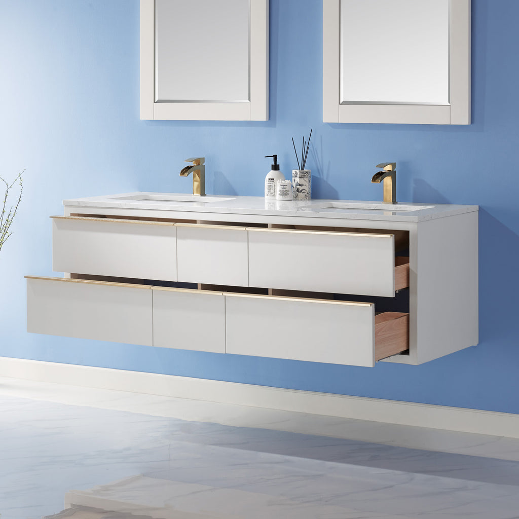 Morgan Double Bathroom Vanity Set in White and Composite Carrara White Stone Countertop