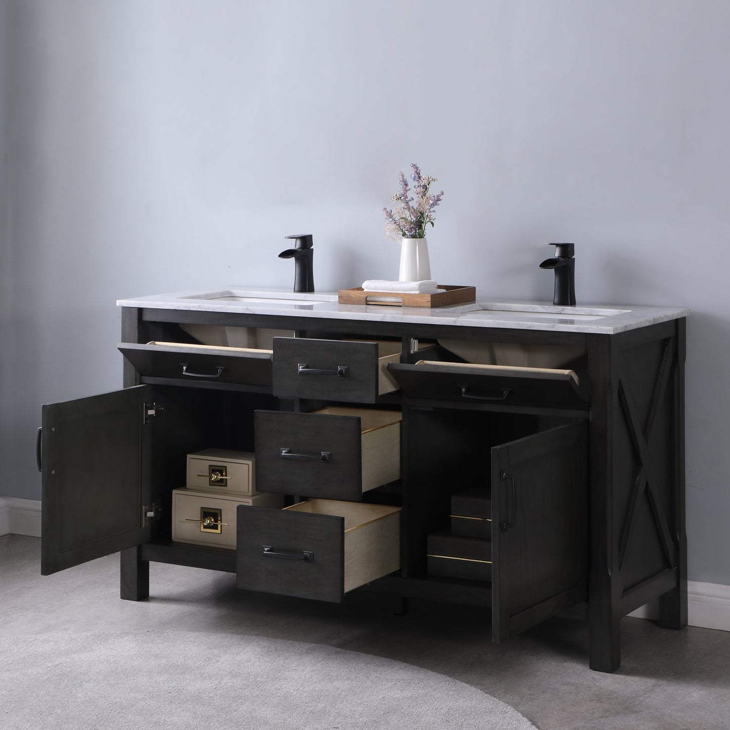 Maribella Single Bathroom Vanity Set in Rust Black and Carrara White Marble Countertop