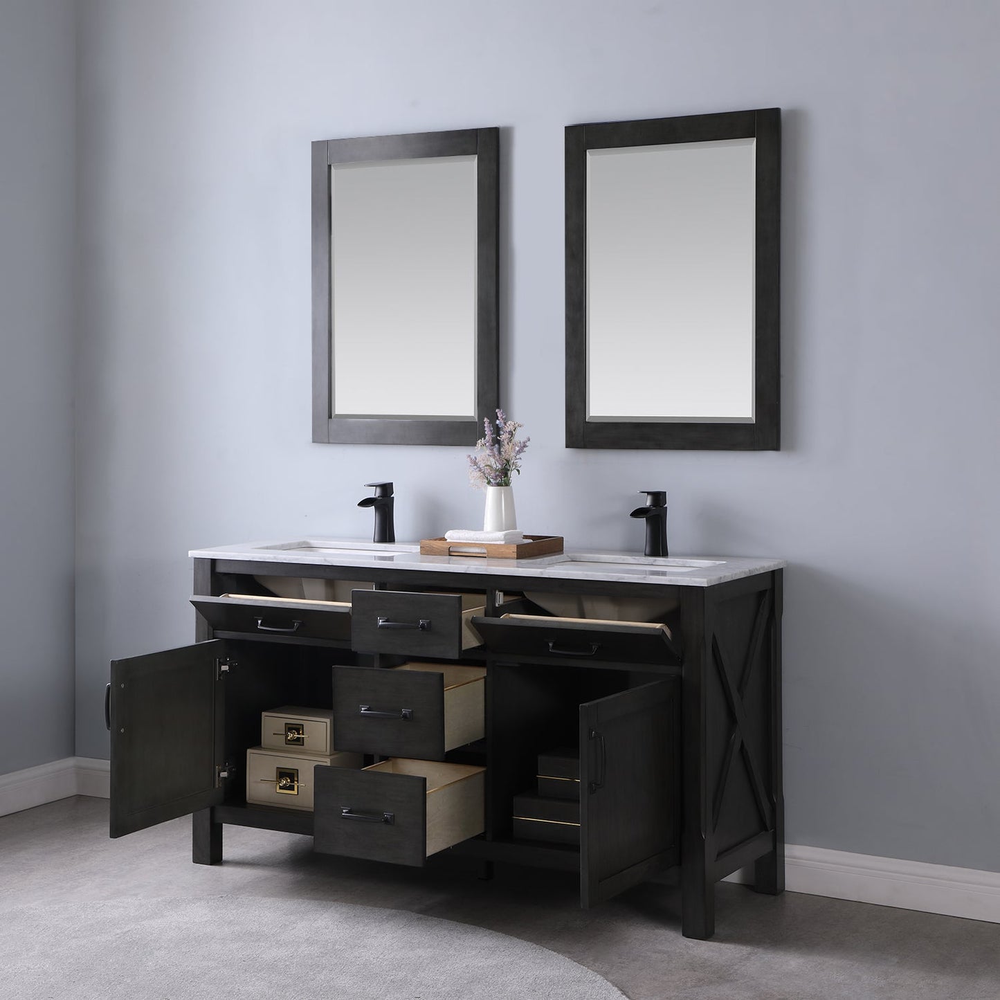 Maribella Single Bathroom Vanity Set in Rust Black and Carrara White Marble Countertop