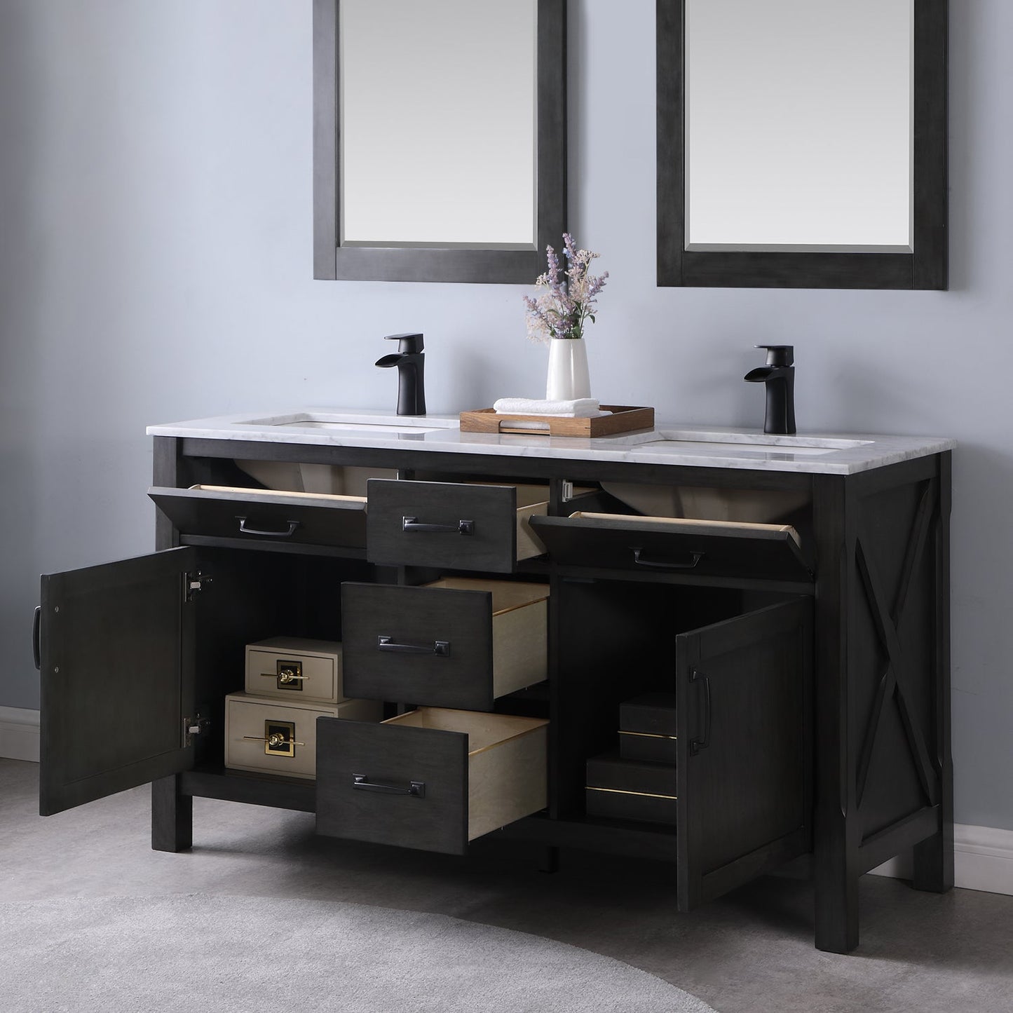 Maribella Single Bathroom Vanity Set in Rust Black and Carrara White Marble Countertop