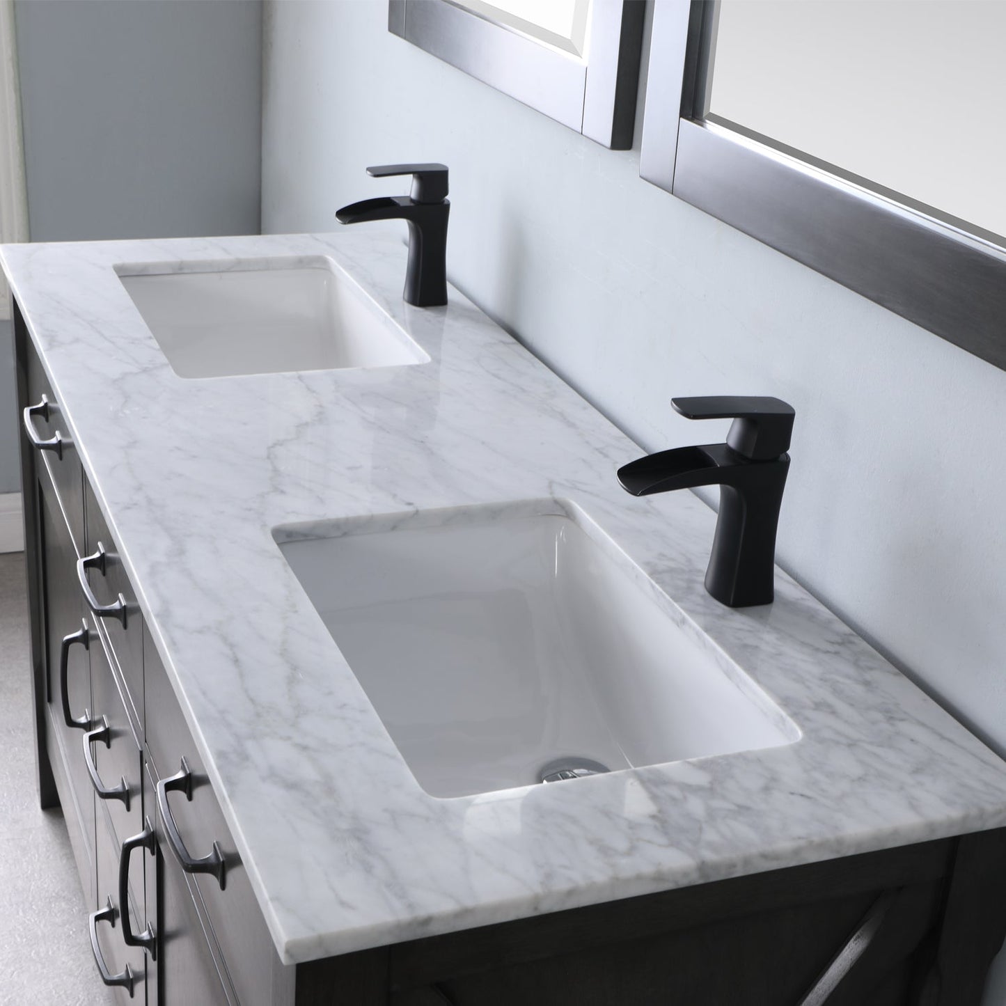 Maribella Single Bathroom Vanity Set in Rust Black and Carrara White Marble Countertop