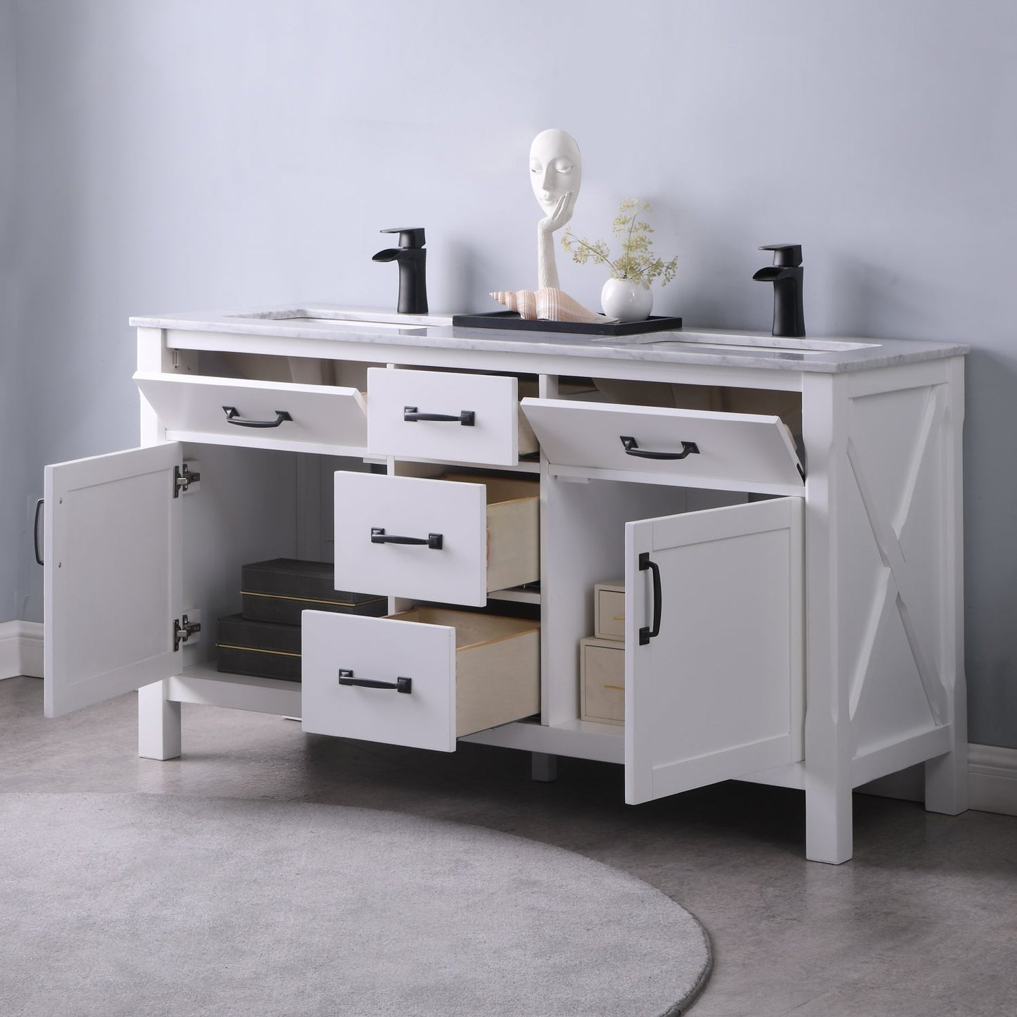 Maribella Single Bathroom Vanity Set in Rust Black and Carrara White Marble Countertop