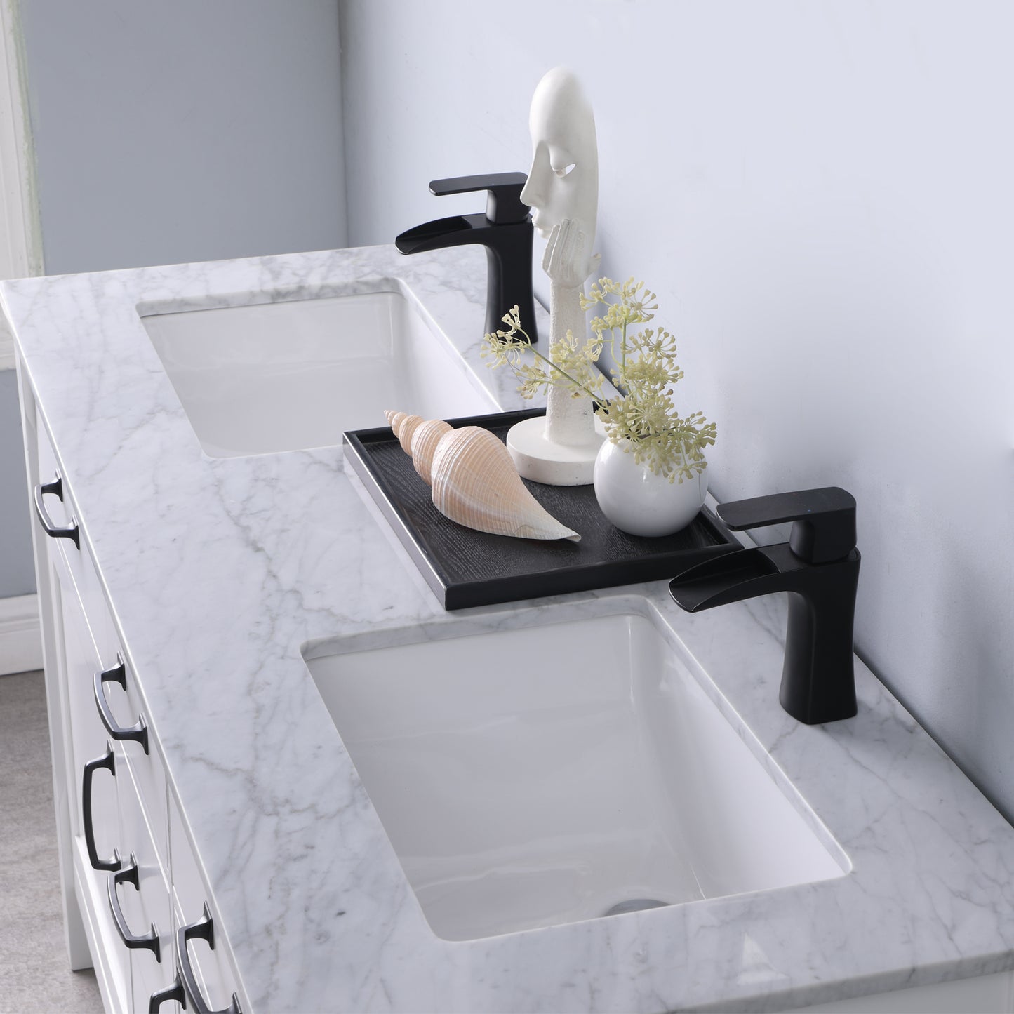 Maribella Double Bathroom Vanity Set in Rust Black and Carrara White Marble Countertop