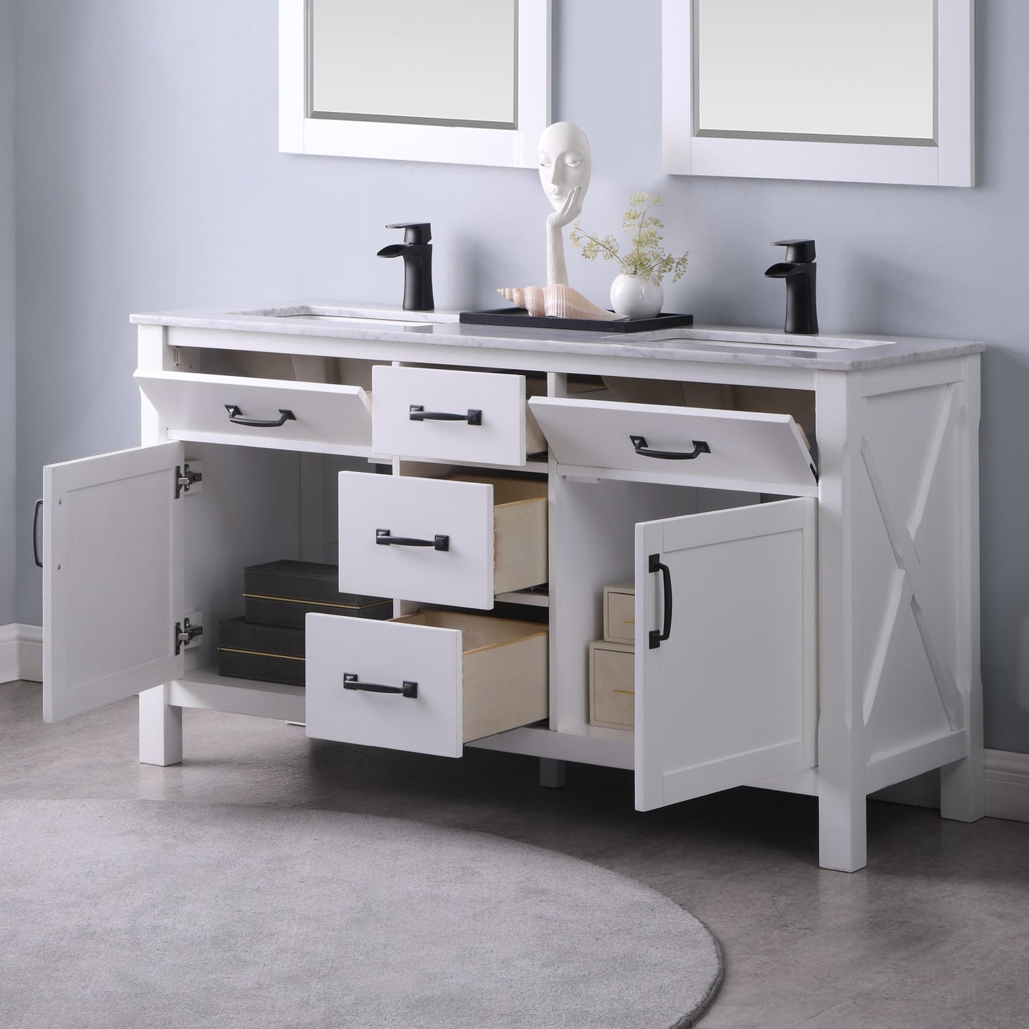 Maribella Single Bathroom Vanity Set in Rust Black and Carrara White Marble Countertop