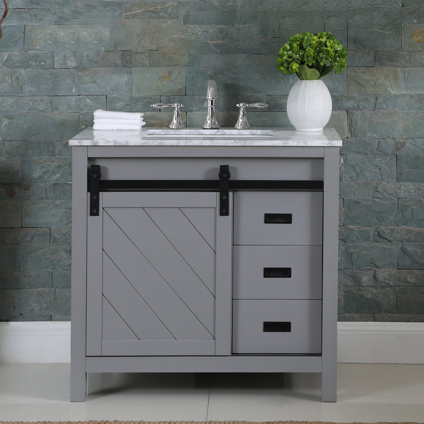 Kinsley Single Bathroom Vanity Set in Gray and Carrara White Marble Countertop
