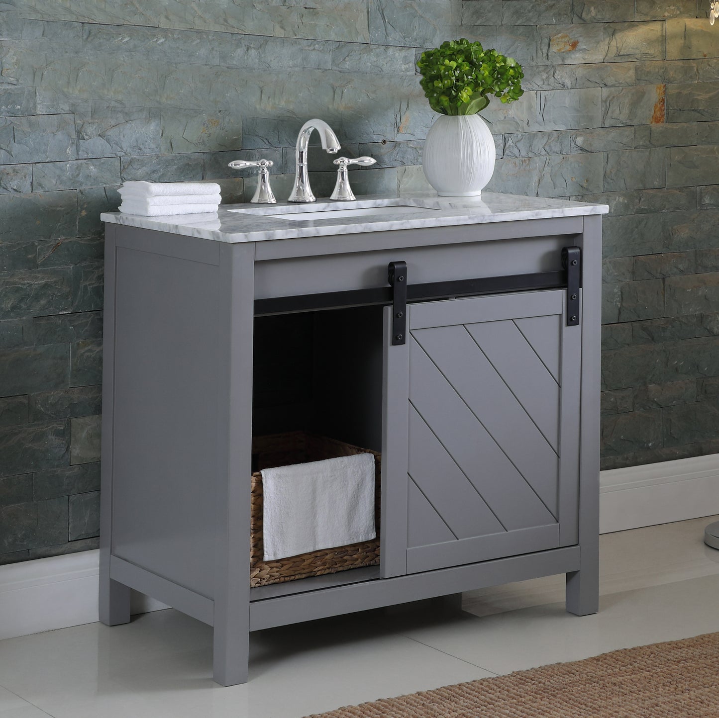 Kinsley Single Bathroom Vanity Set in Gray and Carrara White Marble Countertop