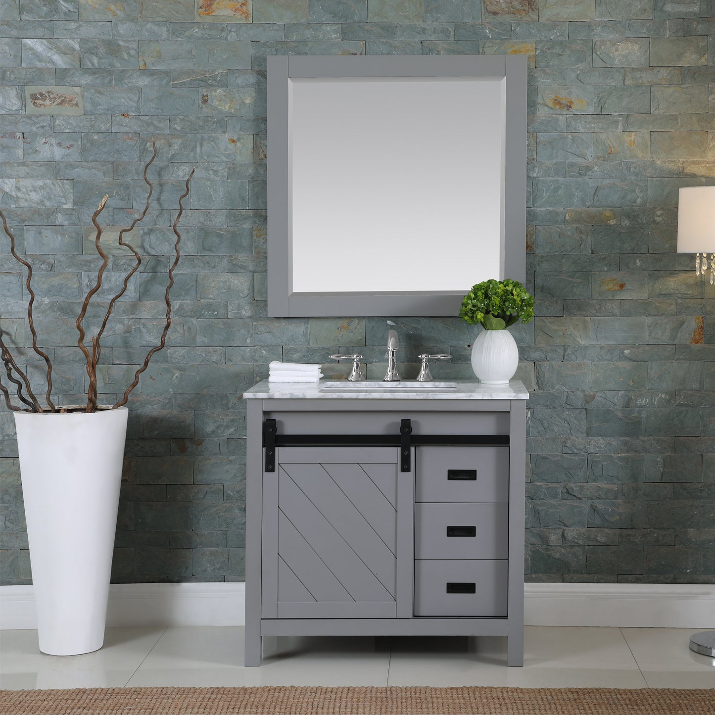 Kinsley Single Bathroom Vanity Set in Gray and Carrara White Marble Countertop