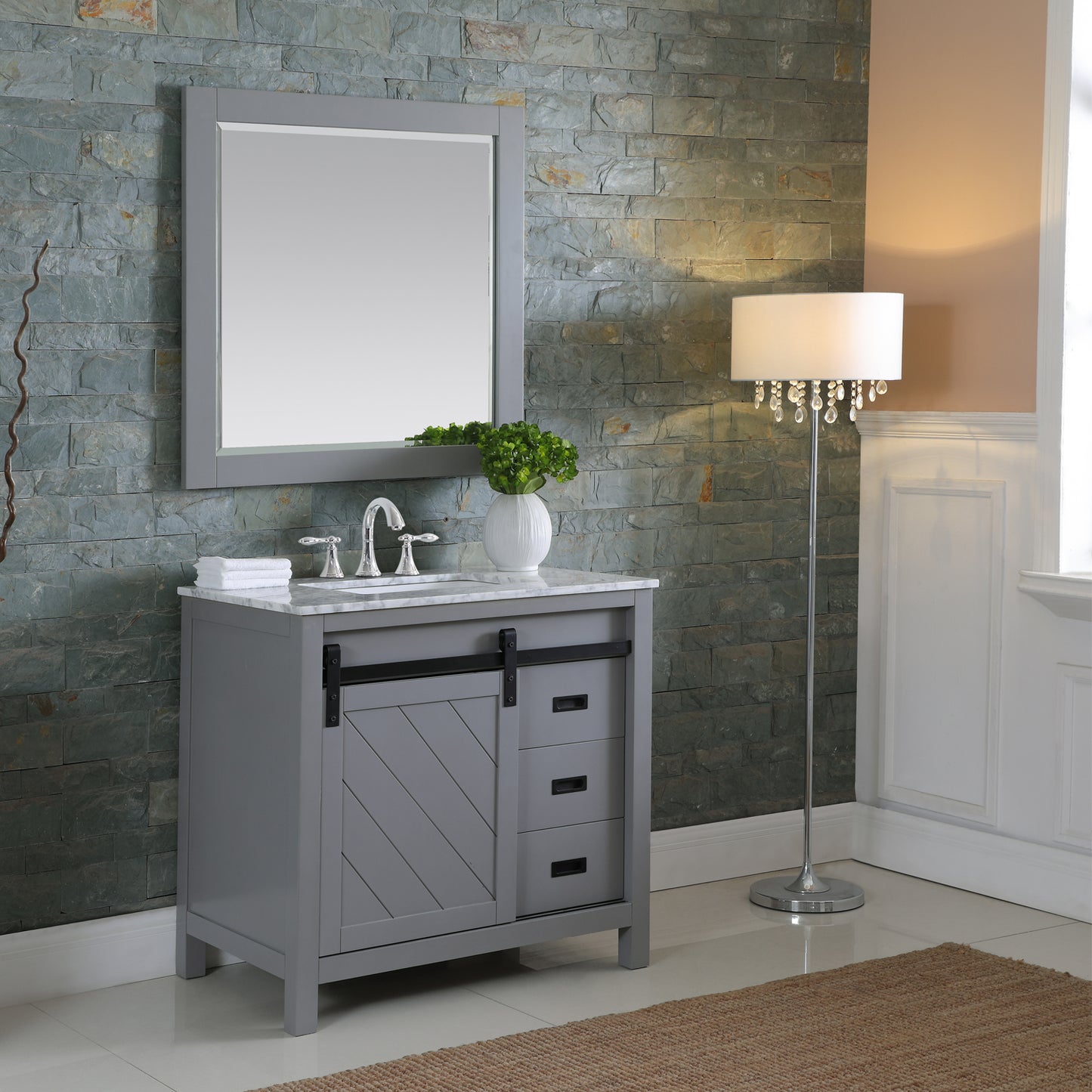 Kinsley Single Bathroom Vanity Set in Gray and Carrara White Marble Countertop with Mirror