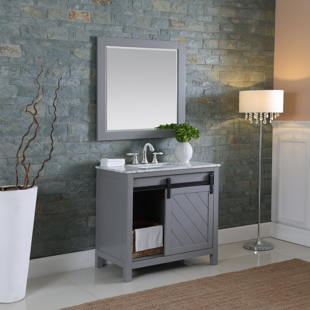 Kinsley Single Bathroom Vanity Set in Gray and Carrara White Marble Countertop with Mirror