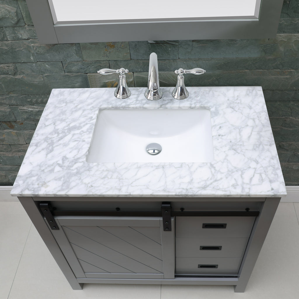 Kinsley Single Bathroom Vanity Set in Gray and Carrara White Marble Countertop with Mirror