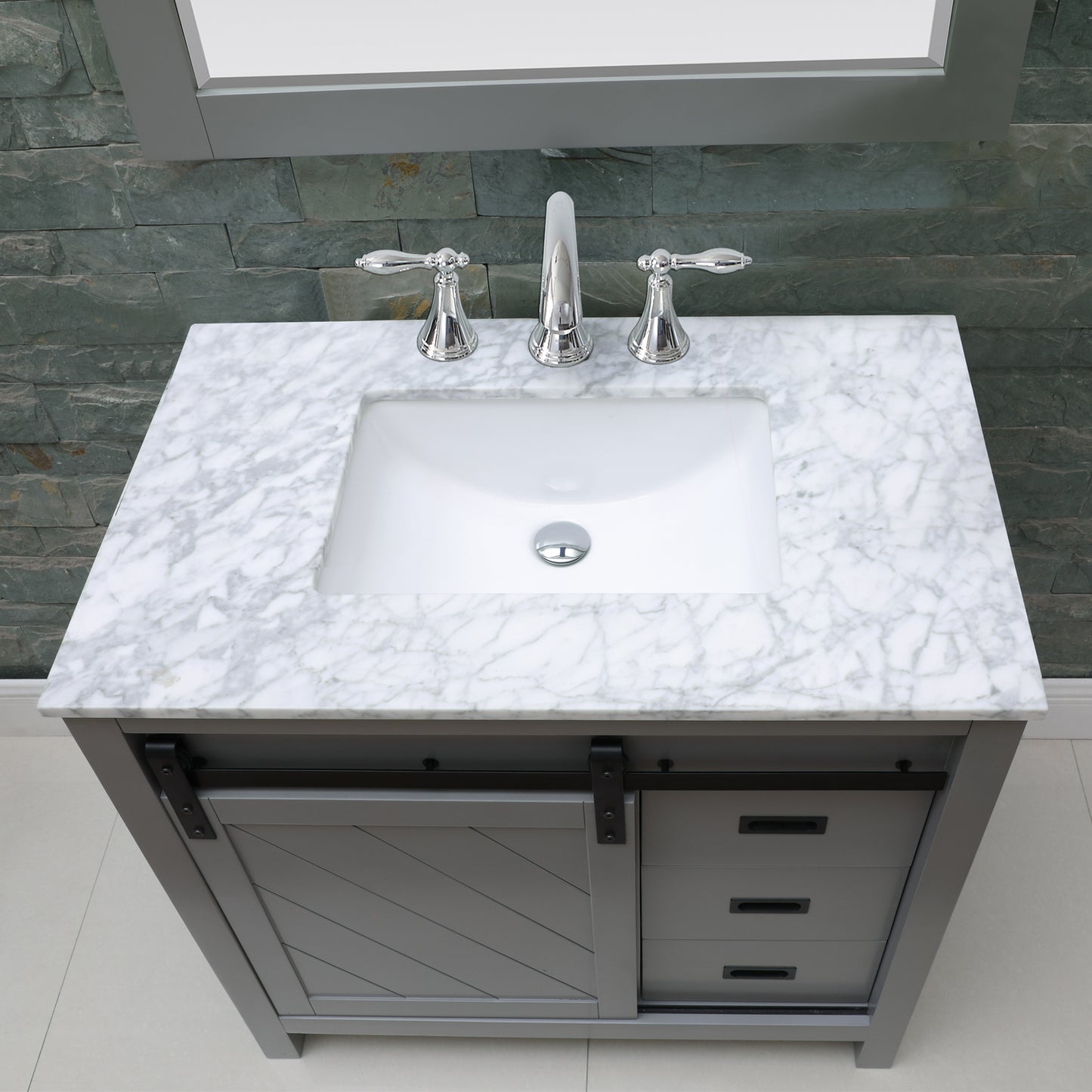 Kinsley Single Bathroom Vanity Set in Gray and Carrara White Marble Countertop with Mirror